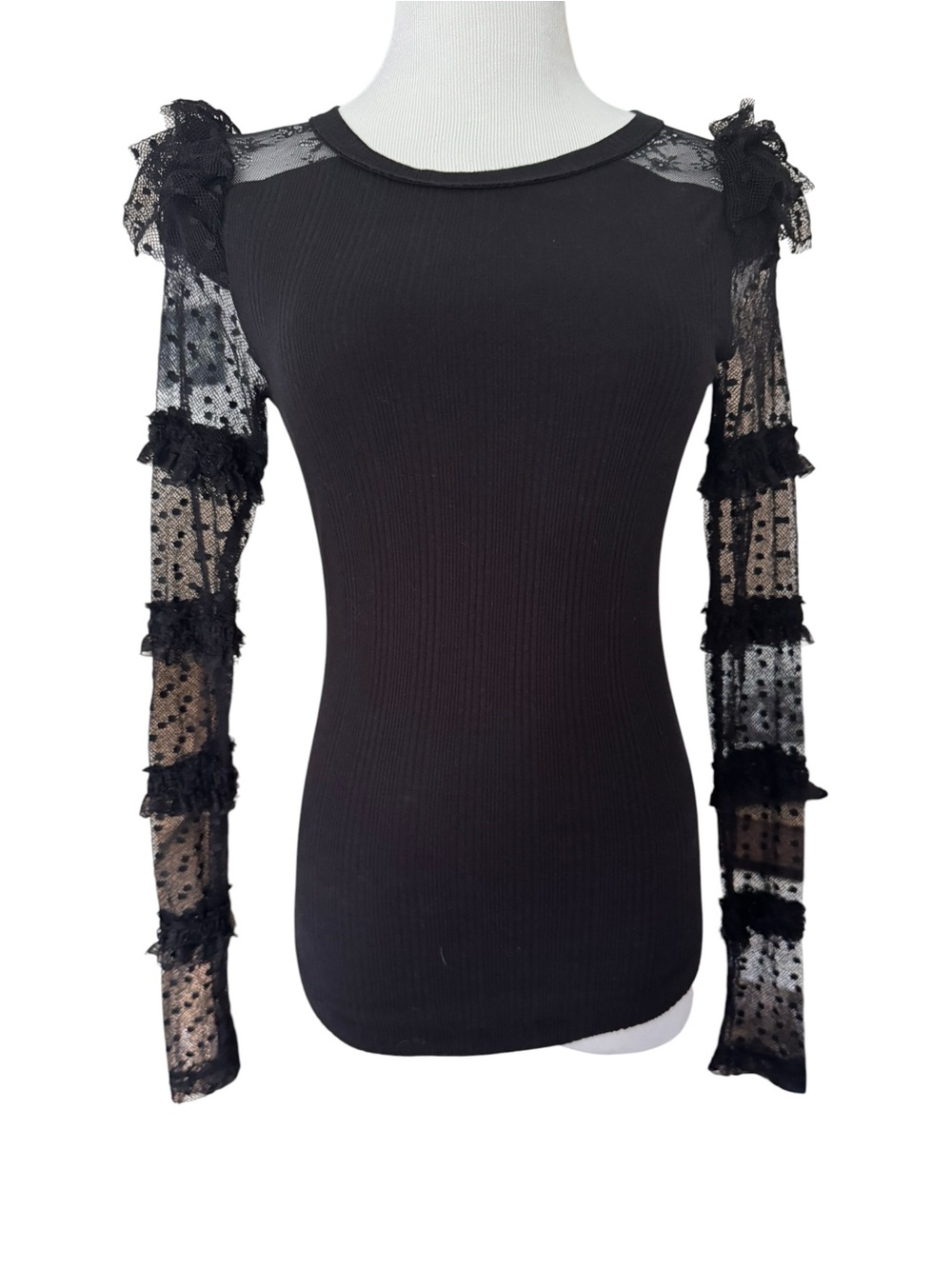 Free People "Kiss Kiss" Black Mesh Ruffle Long Sleeve Top - Picture 4 of 6
